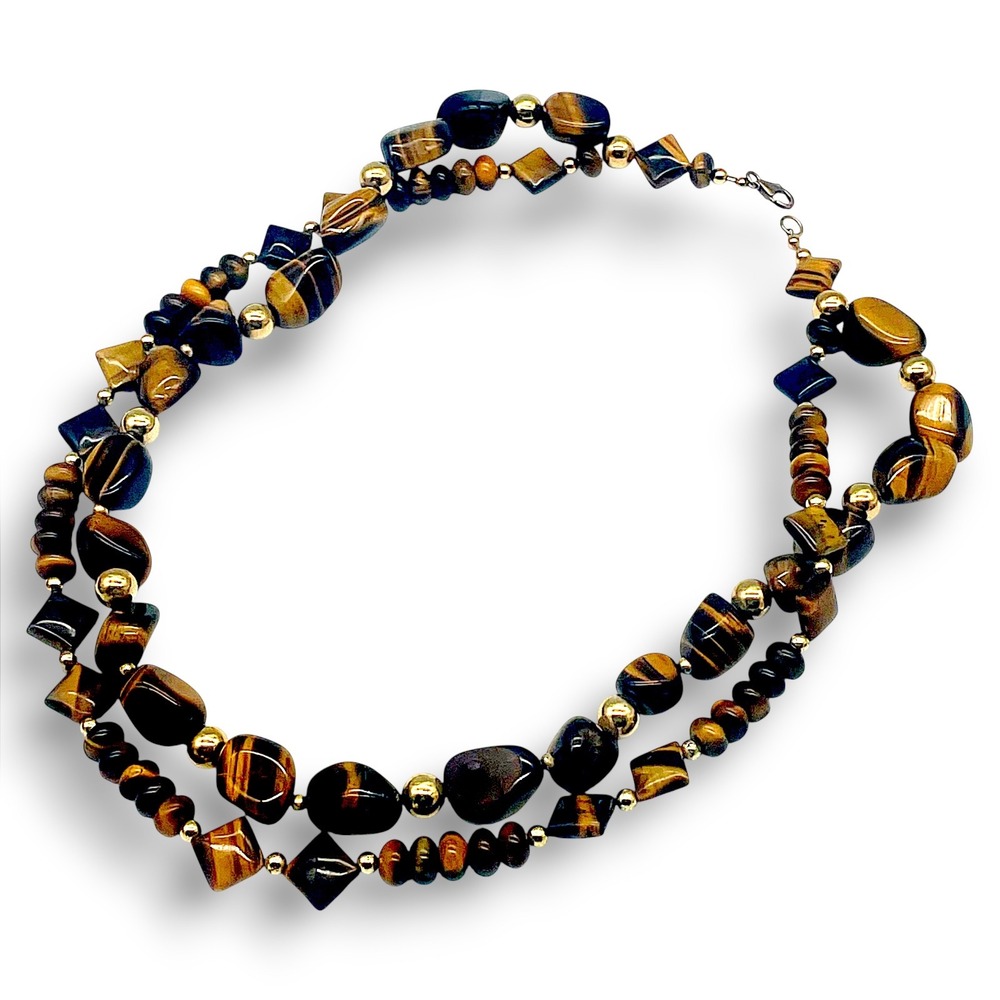 Unbranded Tiger's Eye Double Strand Beaded Necklace OS Brown Gold Tones - Picture 1 of 3